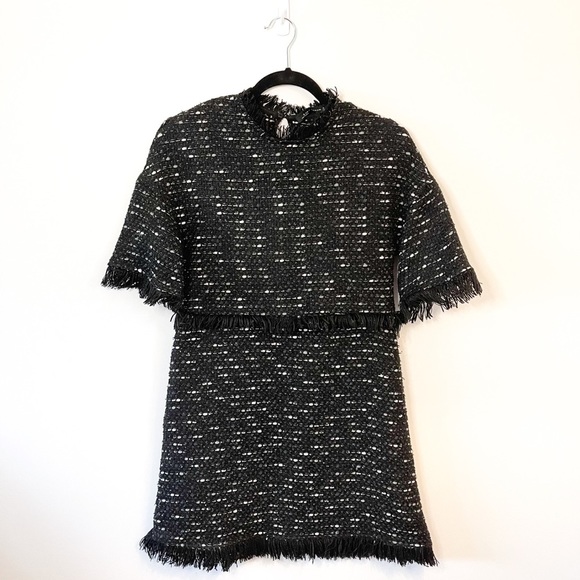 Zara Black & White Tweed Fringe Mini Dress Size XS - Picture 3 of 7